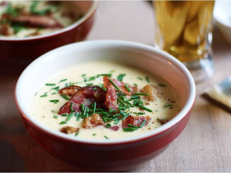 Schale mit Käse-Bier-Suppe mit Speck und Croûtons auf einem Tisch, Glas Bier daneben