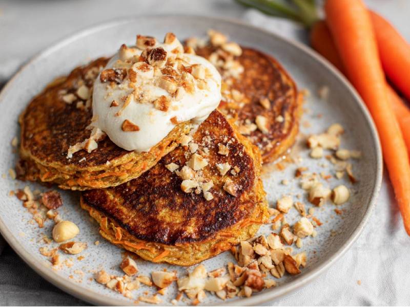 Drei Karotten-Haferflocken Pancakes auf einem Teller mit Joghurtklecks und Haselnüssen bestreut, frische Karotten daneben