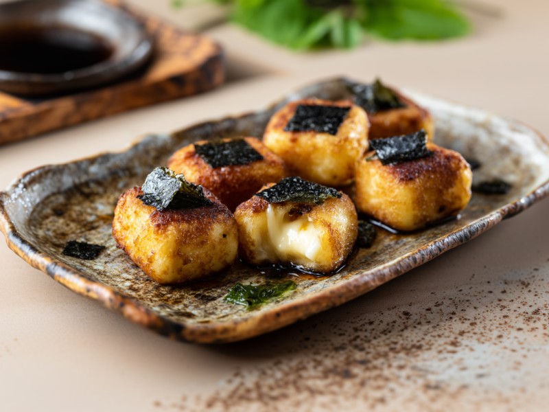 Sechs Kartoffel-Mochi auf einem Keramikteller. Einer ist aufgeschnitten und gibt den Blick auf die geschmolzene Käsefüllung frei. Im Hintergrund sieht man eine Schale mit Sojasoße.