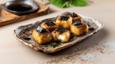 Sechs Kartoffel-Mochi auf einem Keramikteller. Einer ist aufgeschnitten und gibt den Blick auf die geschmolzene Käsefüllung frei. Im Hintergrund sieht man eine Schale mit Sojasoße.