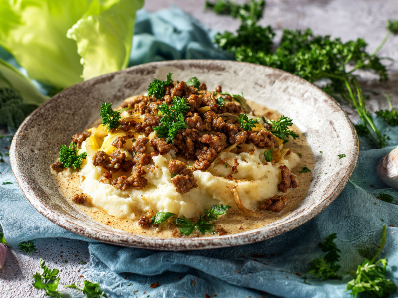 Ein Teller Kartoffel-Spitzkohl-Stampf mit Hack, garniert mit Petersilie.