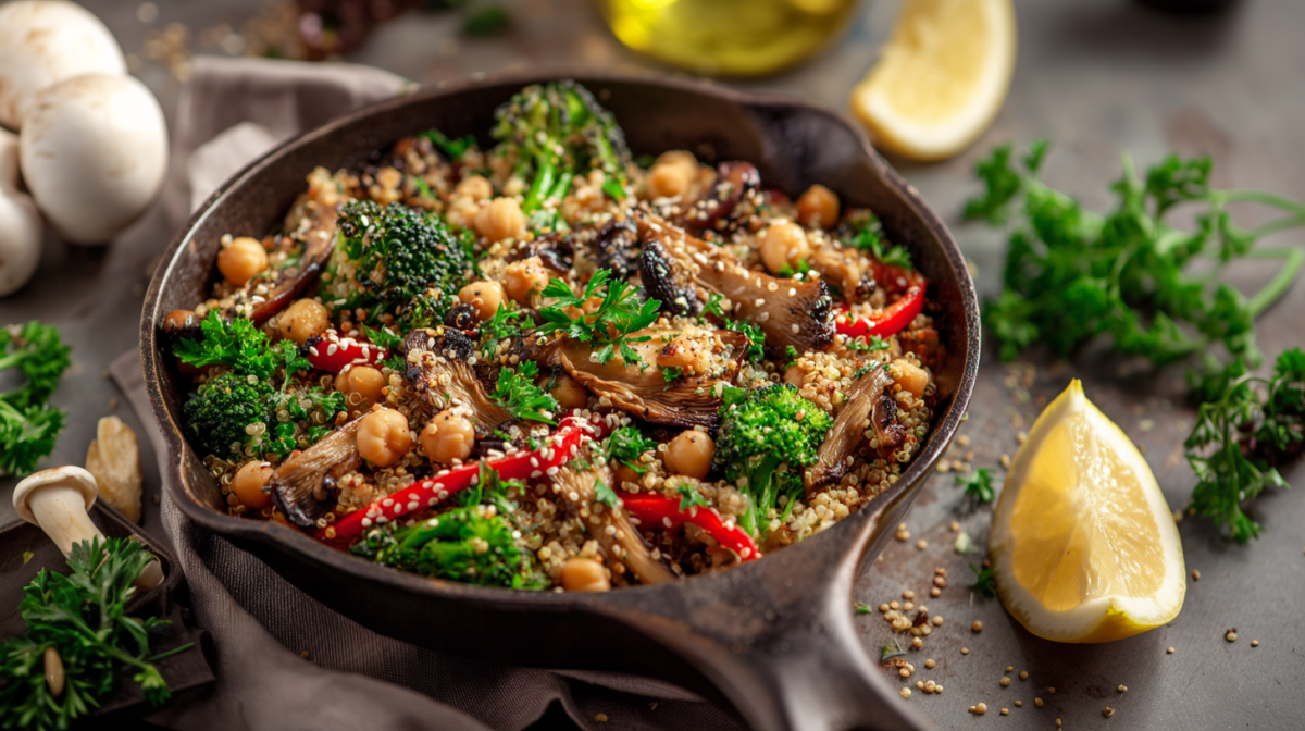 Eine Kichererbsen-Pilzpfanne auf grauem Untergrund. Um die Pfanne verteilt liegt Petersilie, Pilze und Zitronenspalten.