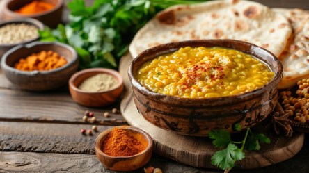 Eine Schale mit Kik Alicha, einem äthiopischen Eintopf aus gelben Erbsen. Die Schale steht auf einem Holzbrett. Im Hintergrund kann man Fladenbrot sowie weitere Schalen mit Gewürzen und einen Bund frische Kräuter erkennen.