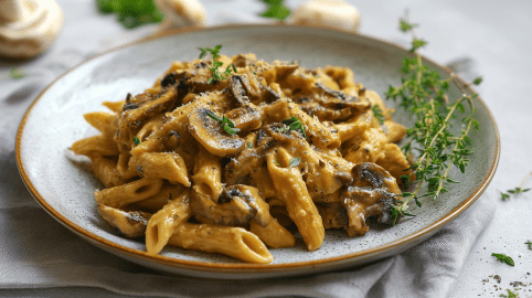 Eine Portion Knoblauch-Pilz-Pasta auf einem grauen Teller. Rechts neben den Nudeln liegen einige Zweige Thymian. Im Hintergrund sieht man einige Pilze.