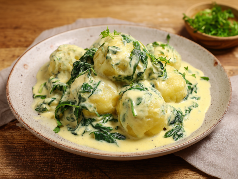 Mehre Knödel mir Käse-Spinat-Soße auf einem grauen Teller. Im Hintergrund ist noch ein Schälchen mit frischen Kräutern.