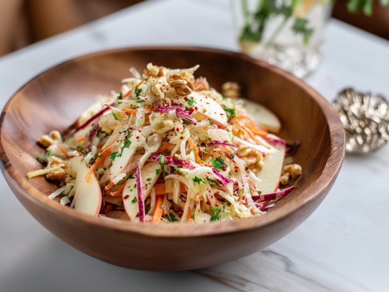 Eine Holzschüssel voll Krautsalat mit Äpfeln, Walnüssen und Parmesan, die auf einer hellen Arbeitsfläche steht.