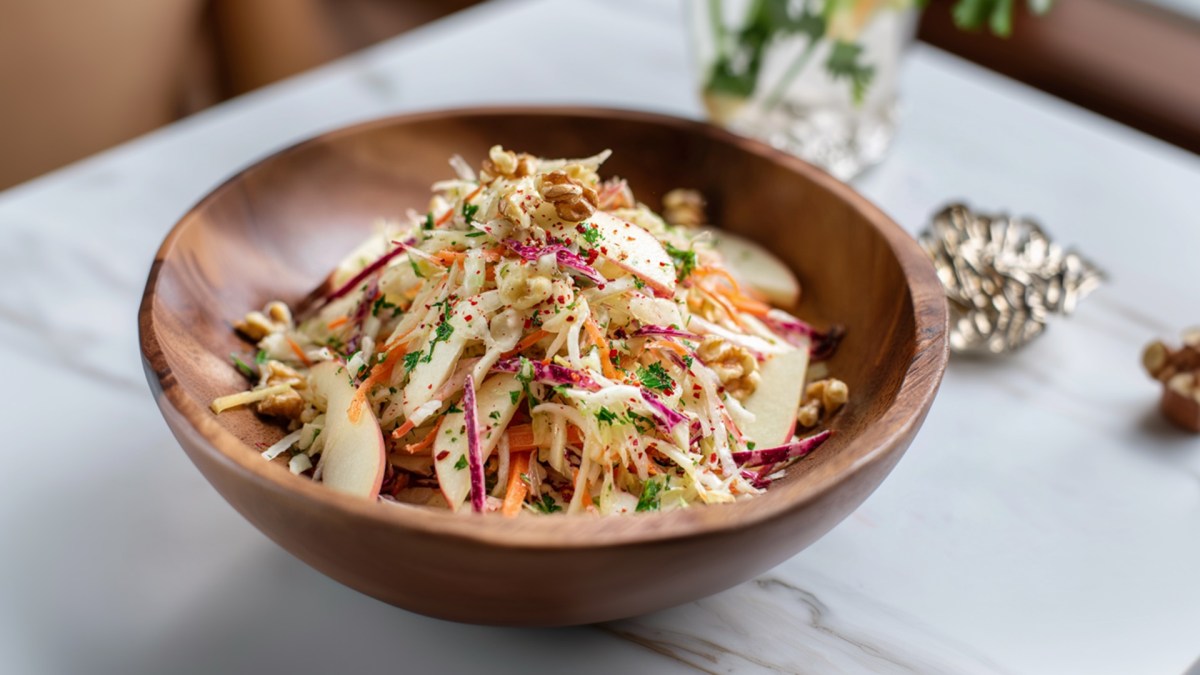Eine Holzschüssel voll Krautsalat mit Äpfeln, Walnüssen und Parmesan, die auf einer hellen Arbeitsfläche steht.