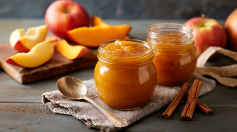 Zwei Gläser mit Kürbis-Apfel-Zimt-Marmelade stehen auf einer Stoffserviette. Daneben liegen ein Löffel und einige Zimtstangen.