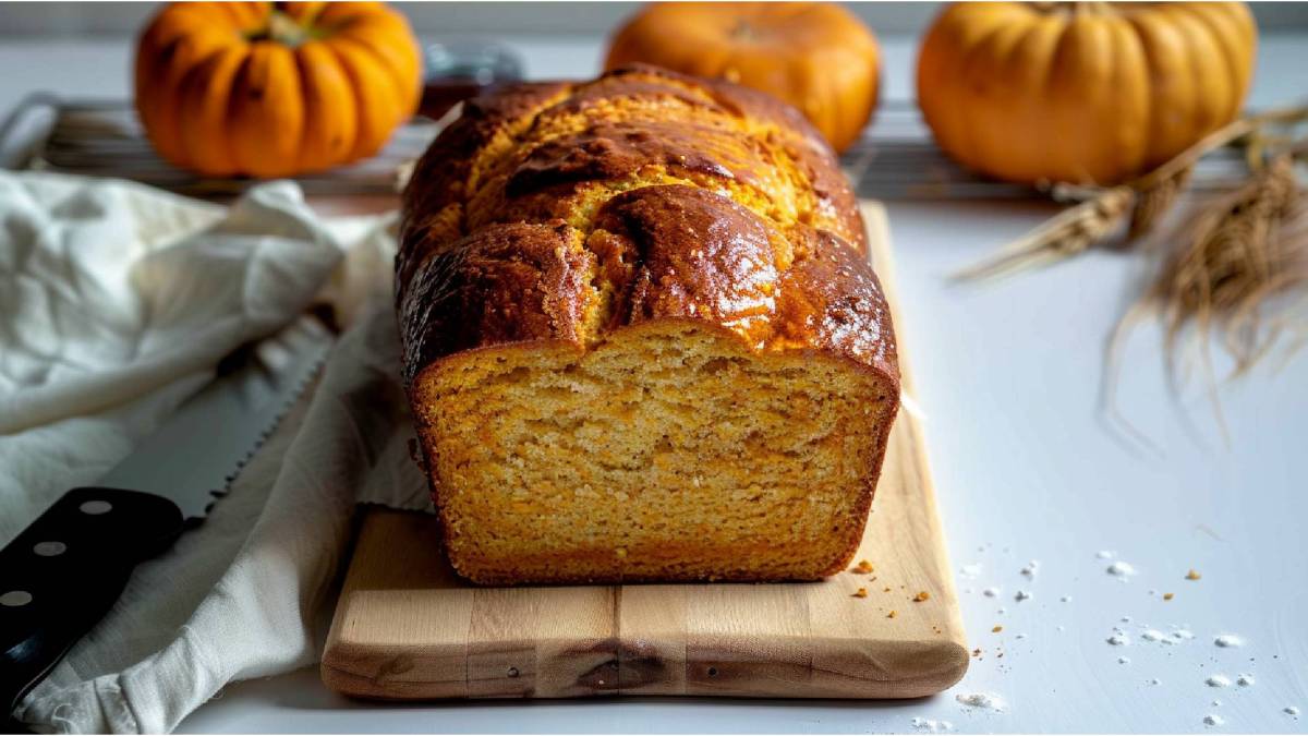 ein angeschnittenes Kürbis-Brioche auf einem Tisch