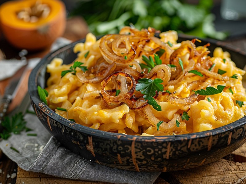Eine Schale mit Kürbis-Käsespätzle, die mit karamellisierten Zwiebeln garniert sind. Im Hintergrund kann man einen halben Kürbis und frische Kräuter erkennen. Die Schale steht in einem stylischen Küchensetting.