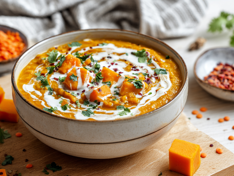 Eine Schale Kürbis-Linsen-Curry mit Koriander.