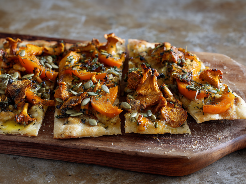 Ein Kürbis-Pilz-Flammkuchen auf einem Holzbrett.