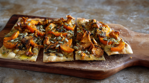 Ein Kürbis-Pilz-Flammkuchen auf einem Holzbrett.