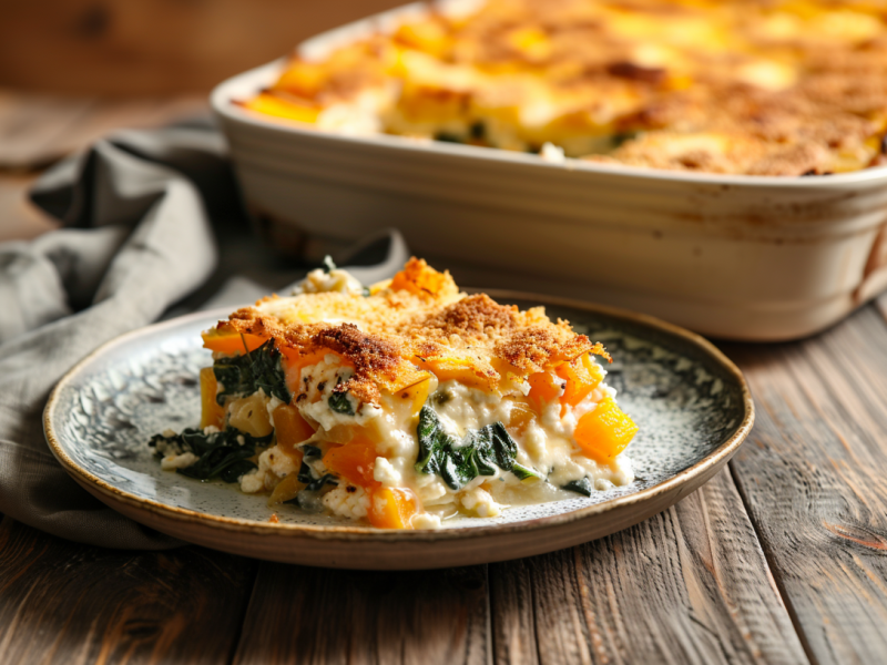Ein Stück Kürbis-Spinat-Gratin auf einem Keramikteller. Im Hintergrund sieht man die Auflaufform mit dem restlichen Gratin.