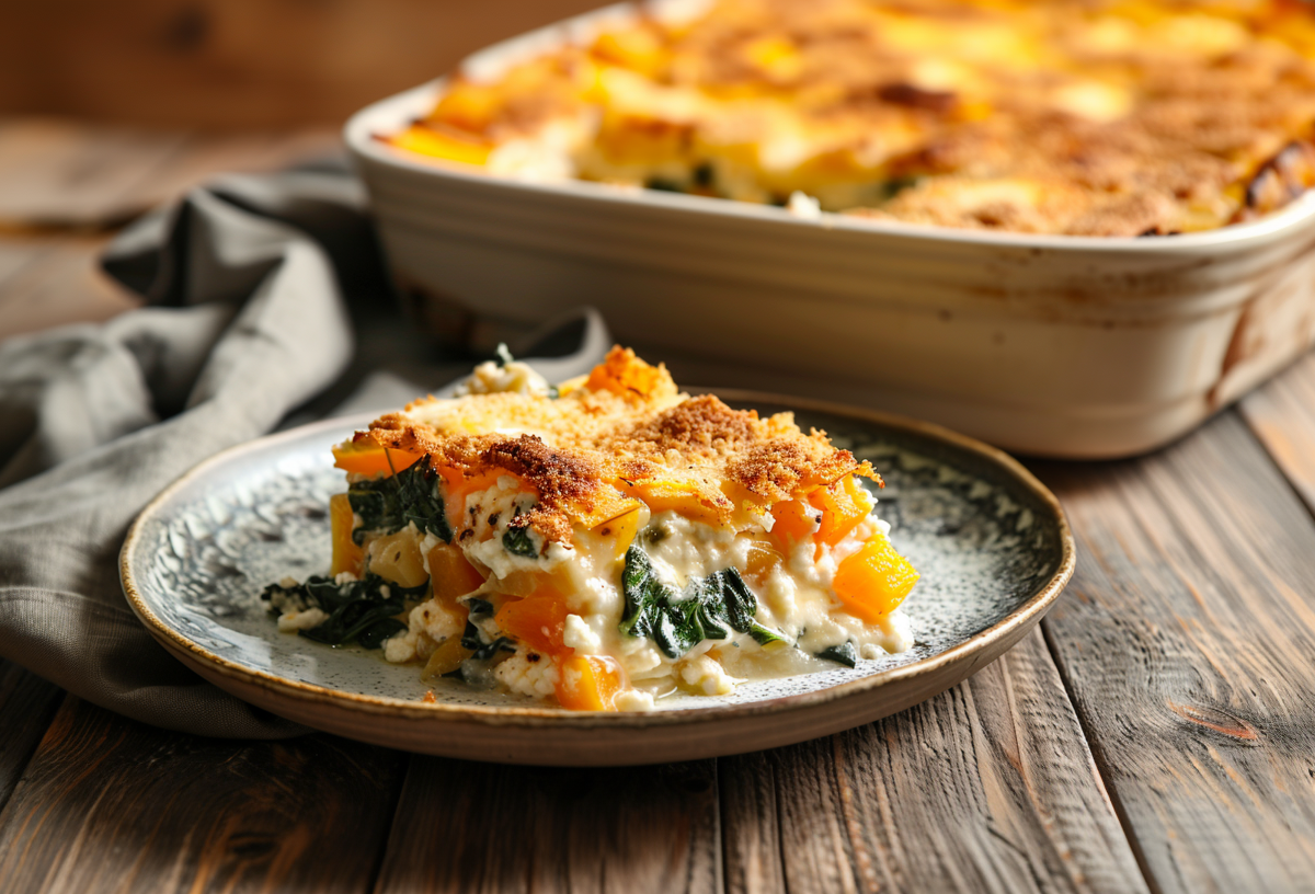 Ein Stück Kürbis-Spinat-Gratin auf einem Keramikteller. Im Hintergrund sieht man die Auflaufform mit dem restlichen Gratin.