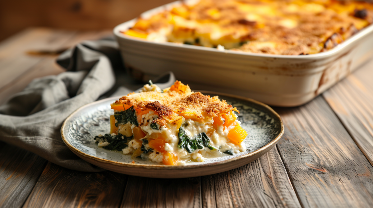 Ein Stück Kürbis-Spinat-Gratin auf einem Keramikteller. Im Hintergrund sieht man die Auflaufform mit dem restlichen Gratin.