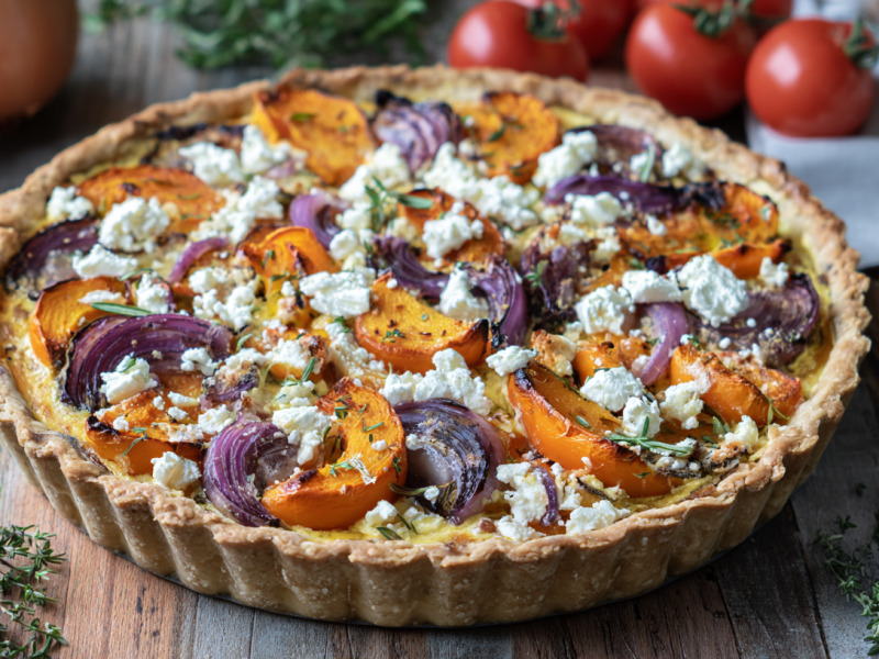 Eine Kürbis-Tomaten-Quiche steht auf einem Holztisch. Im Hintergrund links liegen zwei große Zwiebeln, rechts daneben ein paar Kräuter sowie Tomtaten.