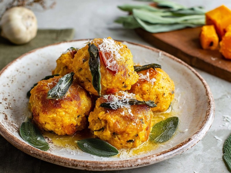 Ein Teller Kürbisknödel mit Salbeibutter. Im Hintergrund ist ein Holzbrett zu sehen, auf dem Kürbiswürfel und einige Blätter Salbei liegen. Außerdem kann man eine Knoblauchknolle erkennen.