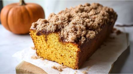 angeschnittener Kürbiskuchen mit Zimtstreuseln, ein Kürbis im Hintergrund