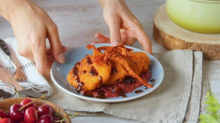 Kürbisrösti auf Kirschbett mit Misosoße und Kürbischips auf einem Teller, der ins Bild gestellt wird.