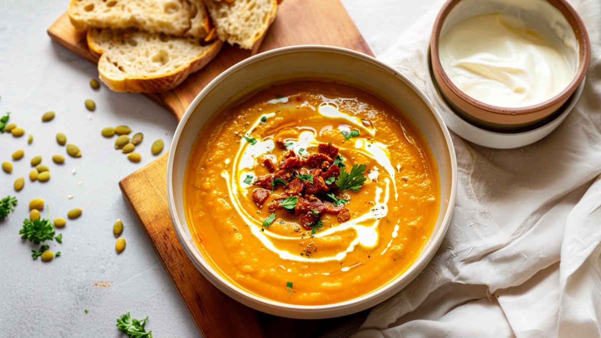 Draufsicht: Eine Teller mit Kürbissuppe mit Chorizo. Ringsum kann man Kürbiskerne, frische Scheiben Baguette und eine kleine Schüssel mit Schmand oder Ähnlichem sehen.