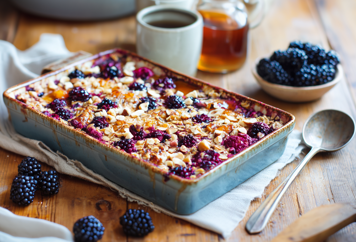 Eine Auflaufform mit Kürbis-Brombeer-Baked-Oats auf einem Holztisch. Davor liegen einige Brombeeren. Rechts daneben liegt ein Löffel. Im Hintergrund stehen von rechts nach links ein Keramikbecher Kaffee, eine Flasche Ahornsirup sowie ein weiteres Schälchen mit noch mehr Brombeeren.
