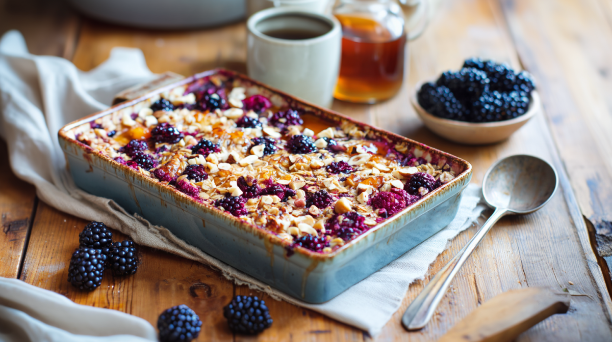 Eine Auflaufform mit Kürbis-Brombeer-Baked-Oats auf einem Holztisch. Davor liegen einige Brombeeren. Rechts daneben liegt ein Löffel. Im Hintergrund stehen von rechts nach links ein Keramikbecher Kaffee, eine Flasche Ahornsirup sowie ein weiteres Schälchen mit noch mehr Brombeeren.