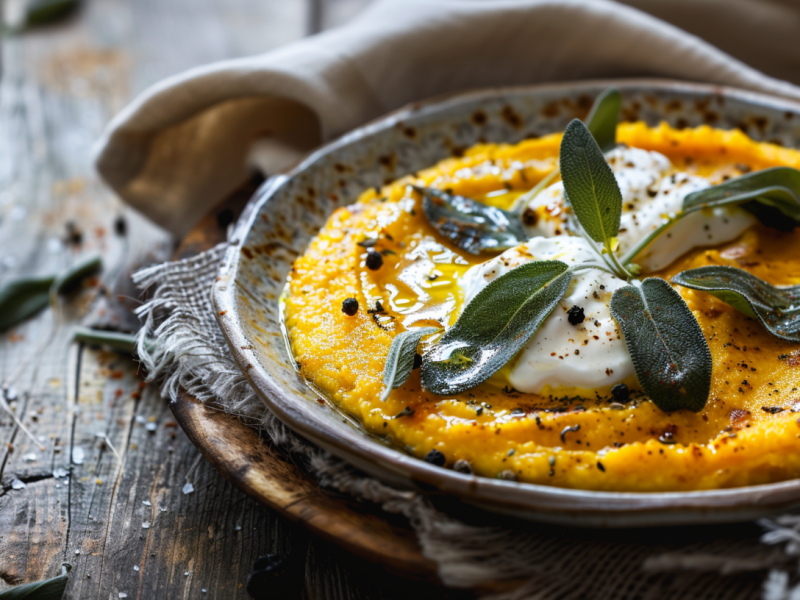 Ein Teller mit Kürbis-Polenta mit Salbeibutter.