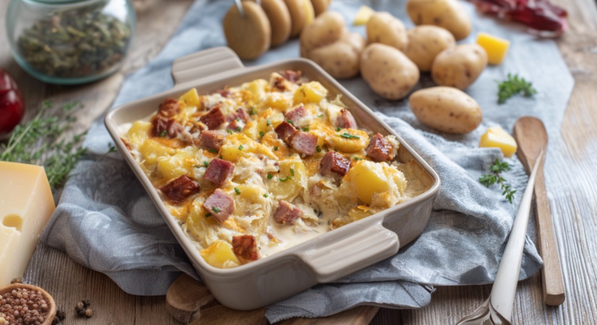 Ein Leberkäse-Auflauf in der Draufsicht. Drumherum sind frische Zutaten zu sehen.