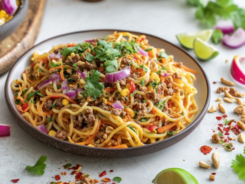 Ein Teller Limetten-Crunch-Nudelsalat.