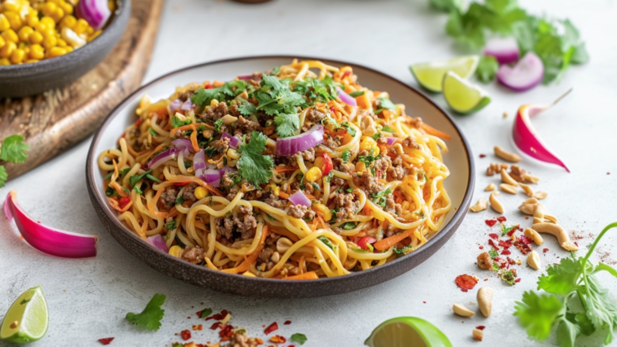 Ein Teller Limetten-Crunch-Nudelsalat.