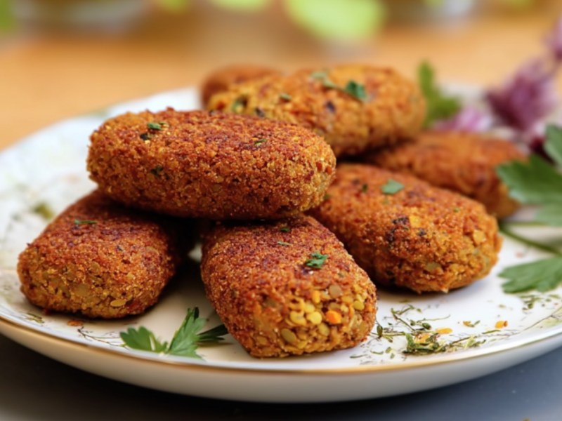 Mehrere Linsenkroketten, die auf einem Teller übereinander liegen.