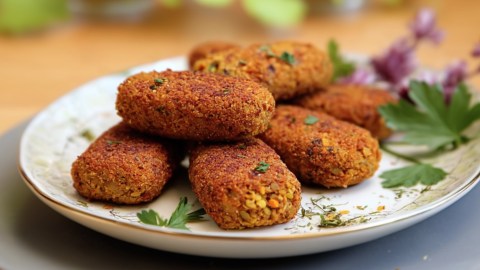 Mehrere Linsenkroketten, die auf einem Teller übereinander liegen.