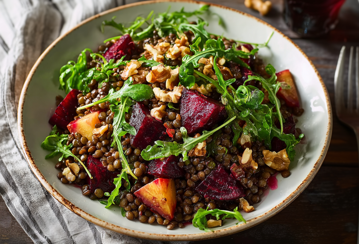 Eine Schüssel voll mit Linsensalat mit Rote Bete und Walnuss, angerichtet mit Rucola.