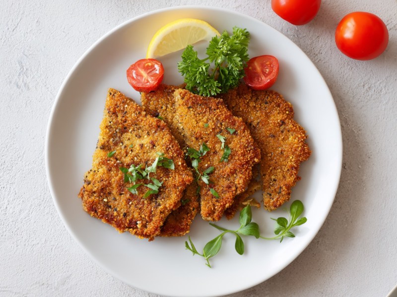 Drei Linsenschnitzel auf einem Teller in der Draufsicht.