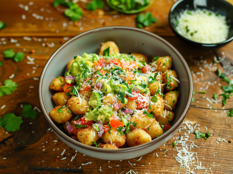 Eine Schüssel loaded Airfryer Gnocchi auf einem Holztisch. Im Hintergrund sieht man ein Schälchen Parmesan. Um die Gnocchi verteilt liegt mehr Parmesan sowie einige frische Kräuter.