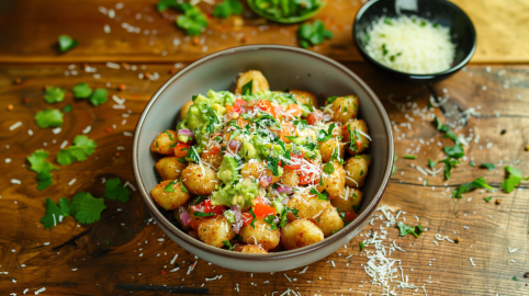 Eine Schüssel loaded Airfryer Gnocchi auf einem Holztisch. Im Hintergrund sieht man ein Schälchen Parmesan. Um die Gnocchi verteilt liegt mehr Parmesan sowie einige frische Kräuter.