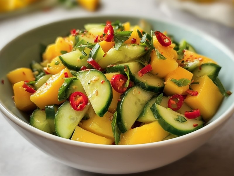 Eine Schüssel thailändischer Mango-Gurken-Salat.