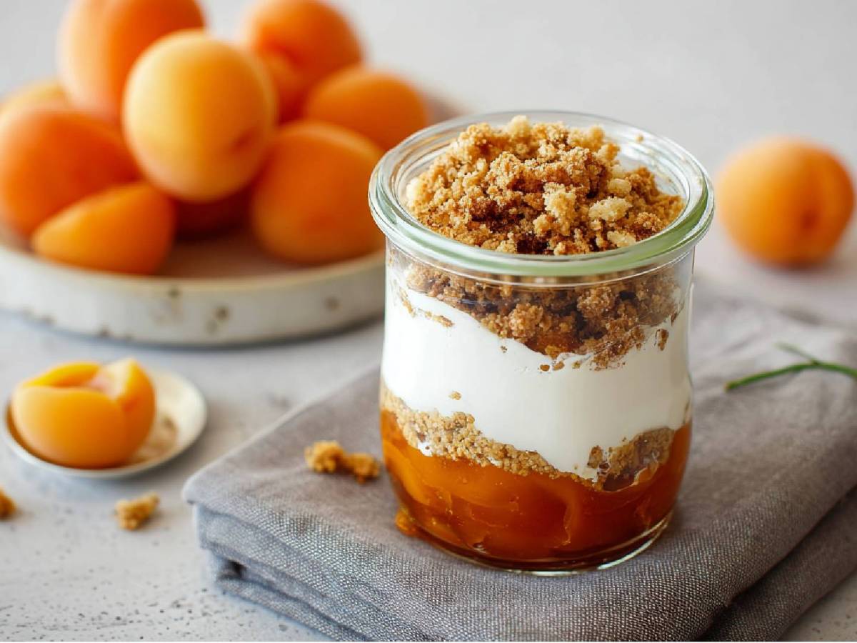 Ein Glas mit Marillenknödel-Dessert im Glas auf einem Tisch, frische Aprikosen im Hintergrund