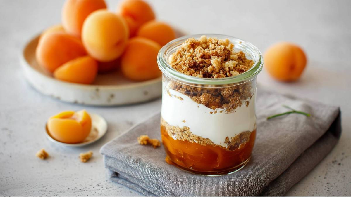 Ein Glas mit Marillenknödel-Dessert im Glas auf einem Tisch, frische Aprikosen im Hintergrund