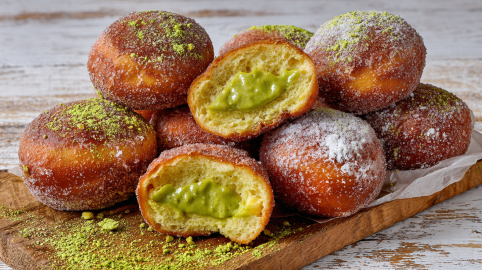 Mehrere Matcha-Krapfen liegen auf einem Holzbrett. Einer ist aufgeschnitten und gibt den Blick auf die cremige Füllung frei.