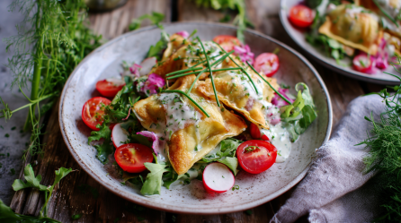 Maultaschensalat aus dem Airfryer auf einem grauen Teller. Drumherum liegen frische Kräuter verteilt. Im Hintergrund sieht man einen weiteren Teller mit dem Salat.