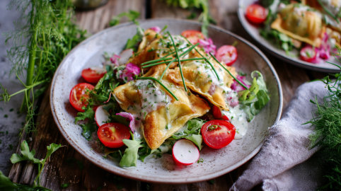 Maultaschensalat aus dem Airfryer auf einem grauen Teller. Drumherum liegen frische Kräuter verteilt. Im Hintergrund sieht man einen weiteren Teller mit dem Salat.