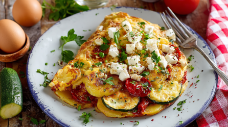Ein mediterranes Bauernfrühstück auf einem hellen Teller, serviert mit Tomaten und Feta.