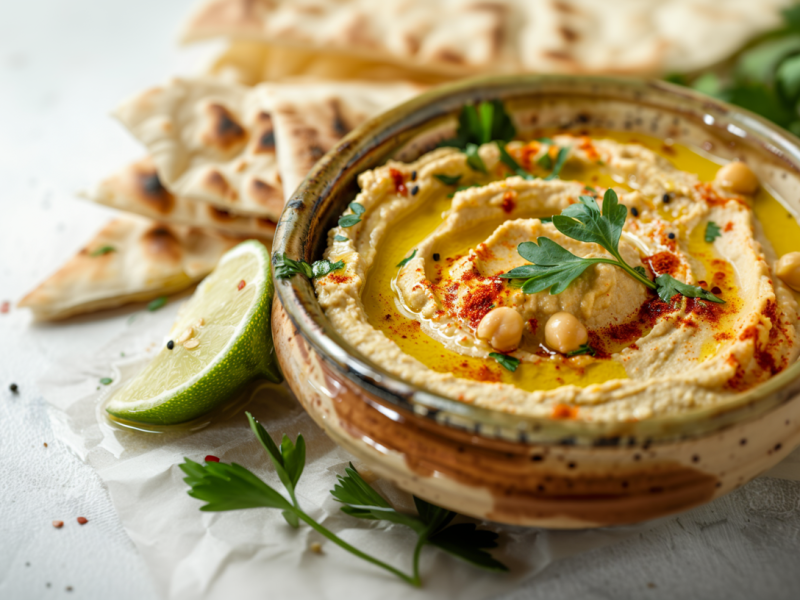 Eine Schale mit Miso-Hummus, die mit etwas frischem Oliven beträufelt, mit frischer Petersilie und Chilipulver garniert ist. Neben der Schale liegt ein Stückchen Limette. Im Hintergrund sind Stücke von Fladenbrot zu erkennen.