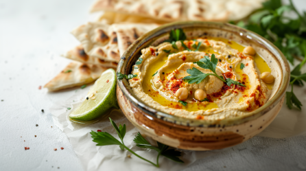 Eine Schale mit Miso-Hummus, die mit etwas frischem Oliven beträufelt, mit frischer Petersilie und Chilipulver garniert ist. Neben der Schale liegt ein Stückchen Limette. Im Hintergrund sind Stücke von Fladenbrot zu erkennen.