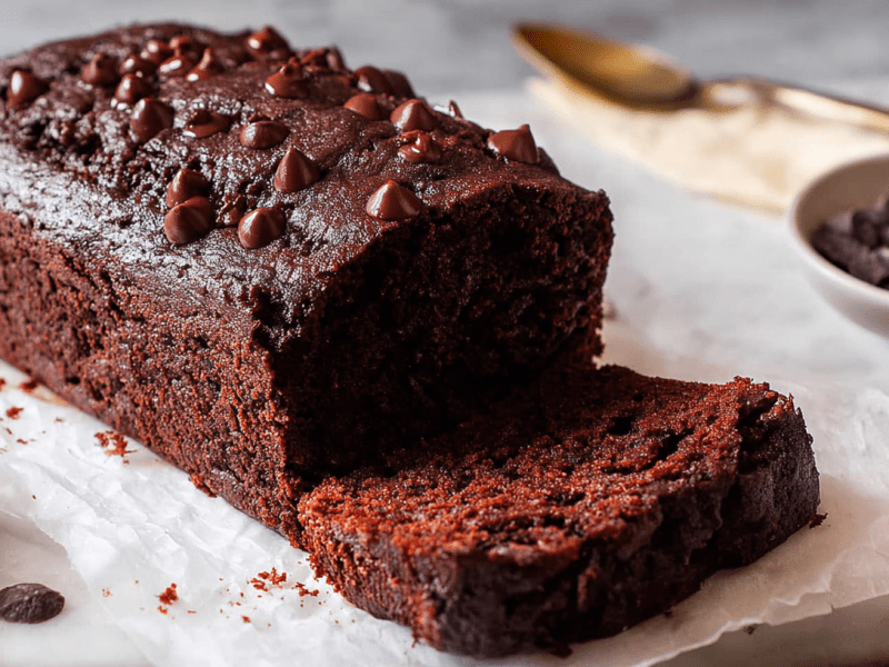 Ein angeschnittener Miso-Schokokuchen auf einem weißen Stück Backpapier.