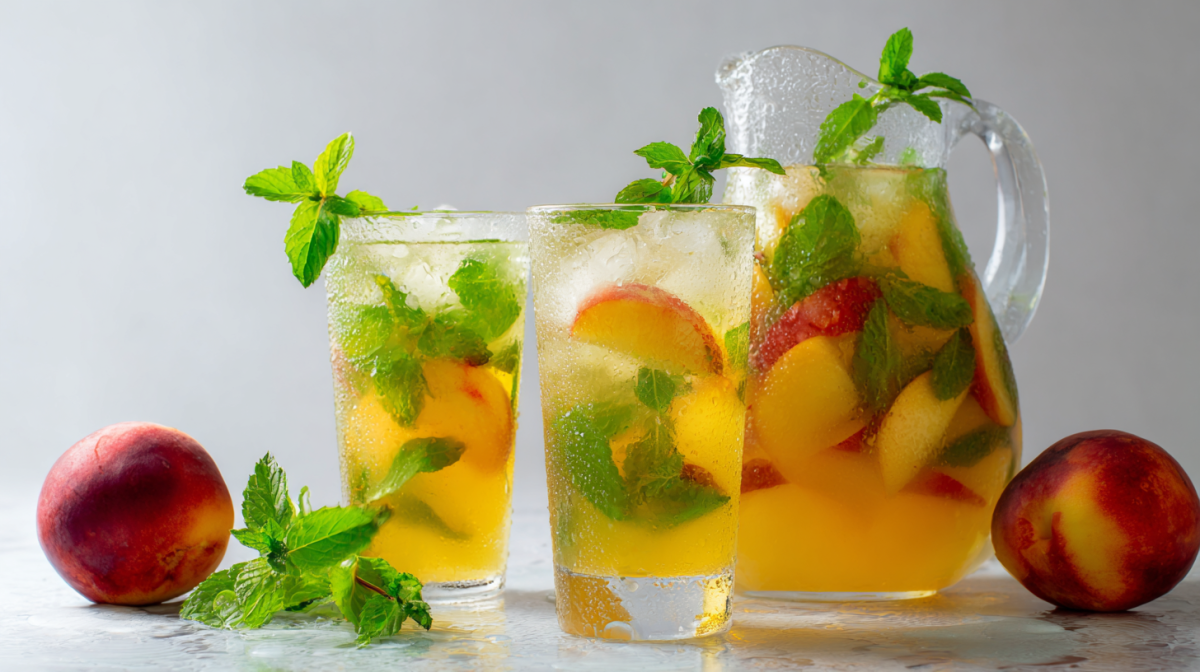 Zwei Gläser mit Nektarinen-Minz-Limonade. Daneben steht eine Glaskaraffe ebenfalls mit der Limo. Links und rechts im Bild liegen zwei Nektarinen. Vor den Gläsern liegt etwas Minze.