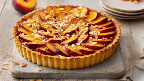 Eine Nektarinentarte auf einem grauen Untersetzer auf einem Holztisch. Hinten links liegt eine Nektarine und rechts im Bild einige Teller.