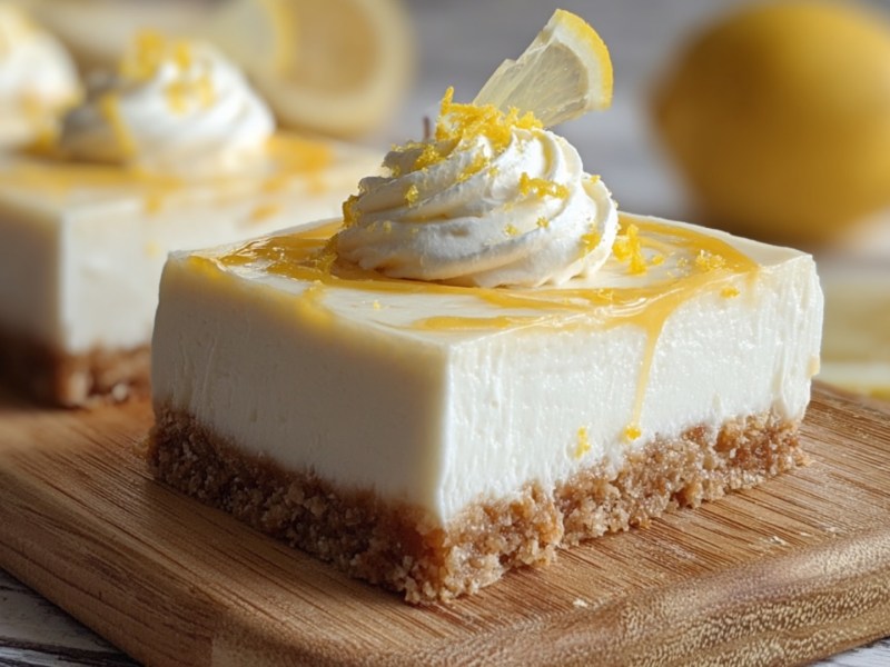 Mehrere Stücke No-bake-Zitronen-Cheesecake auf einem Holzbrett.